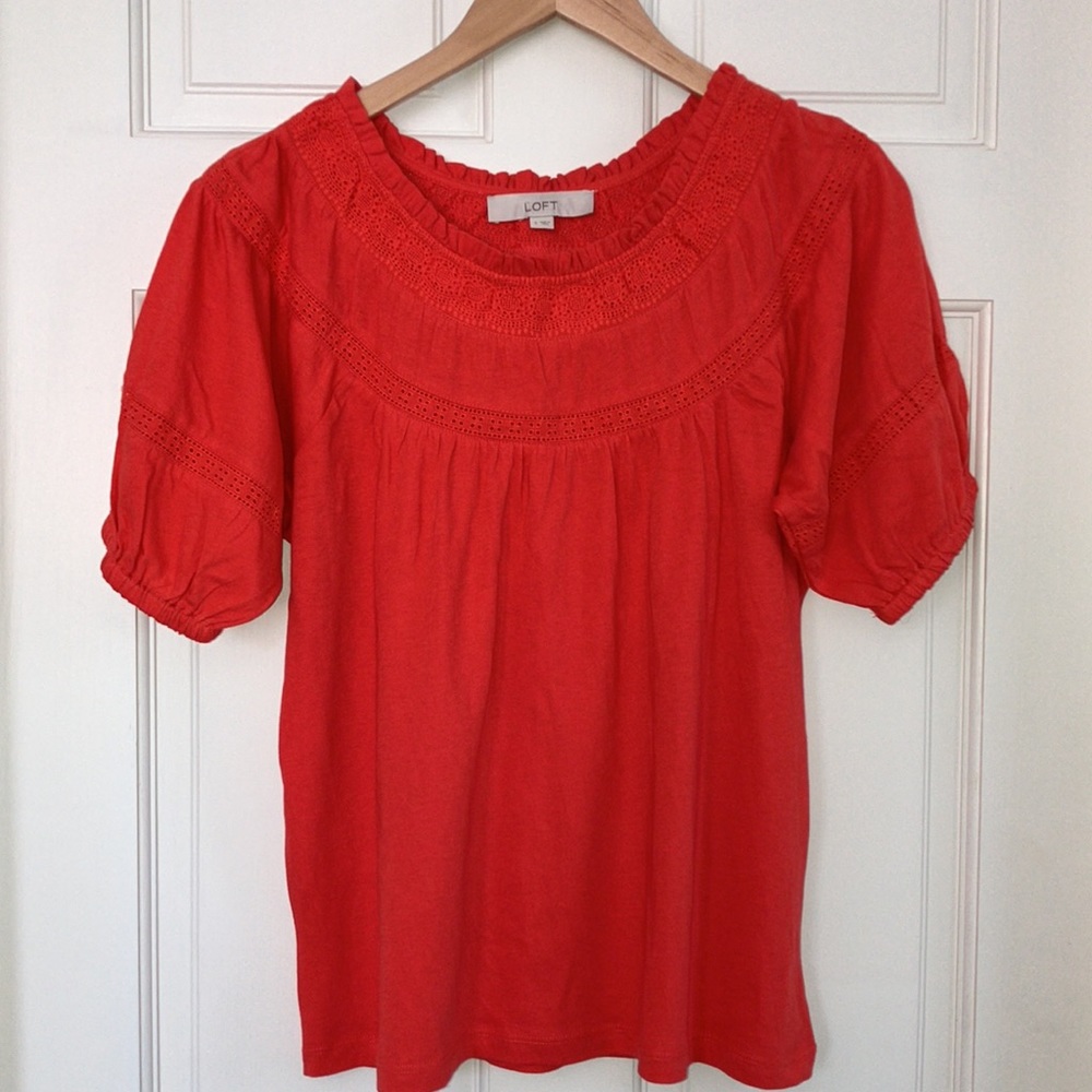LOFT Cotton Short Sleeve Knit Top Small Puff Sleeve